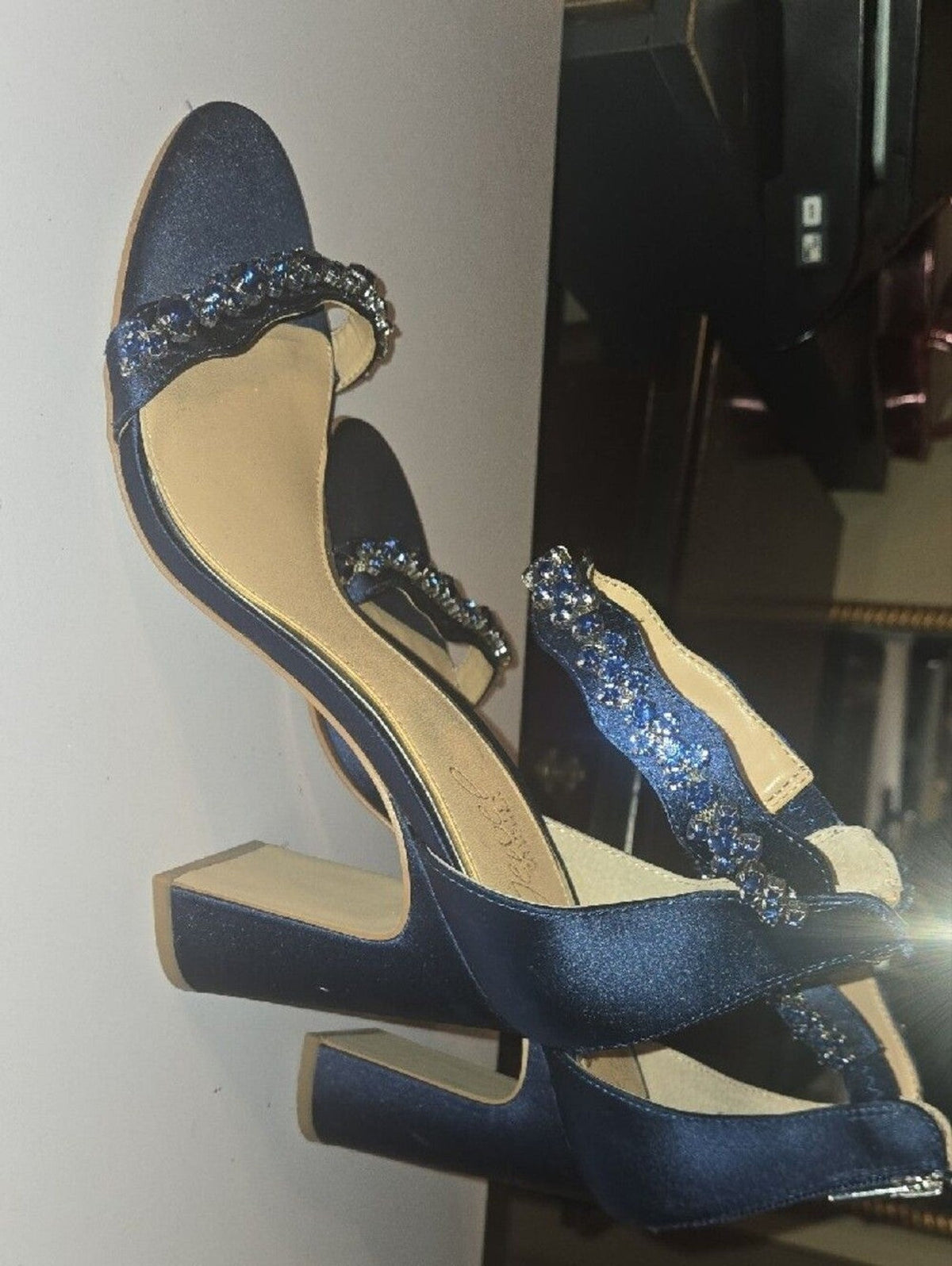Jewel Badgley Mischka Navy Crystal-Ankle Strap Block Heels
