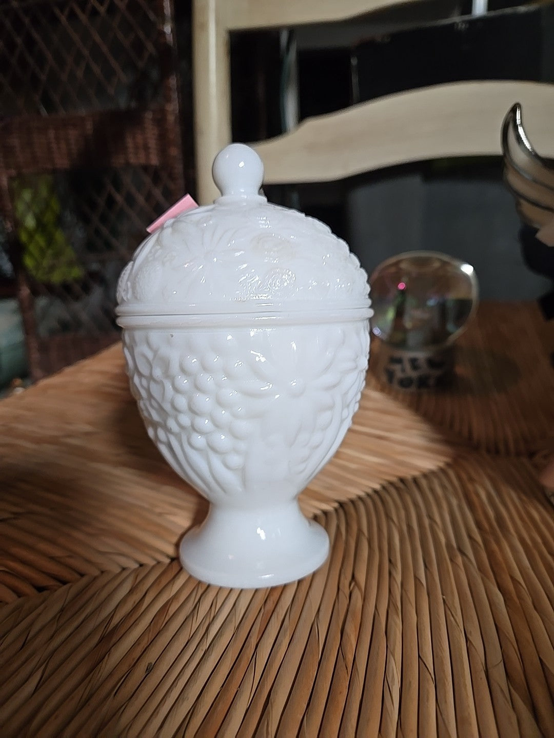 Milk Glass Egg Shape Candy Sugar Compote Dish w/ Lid by Avon Flower Pattern