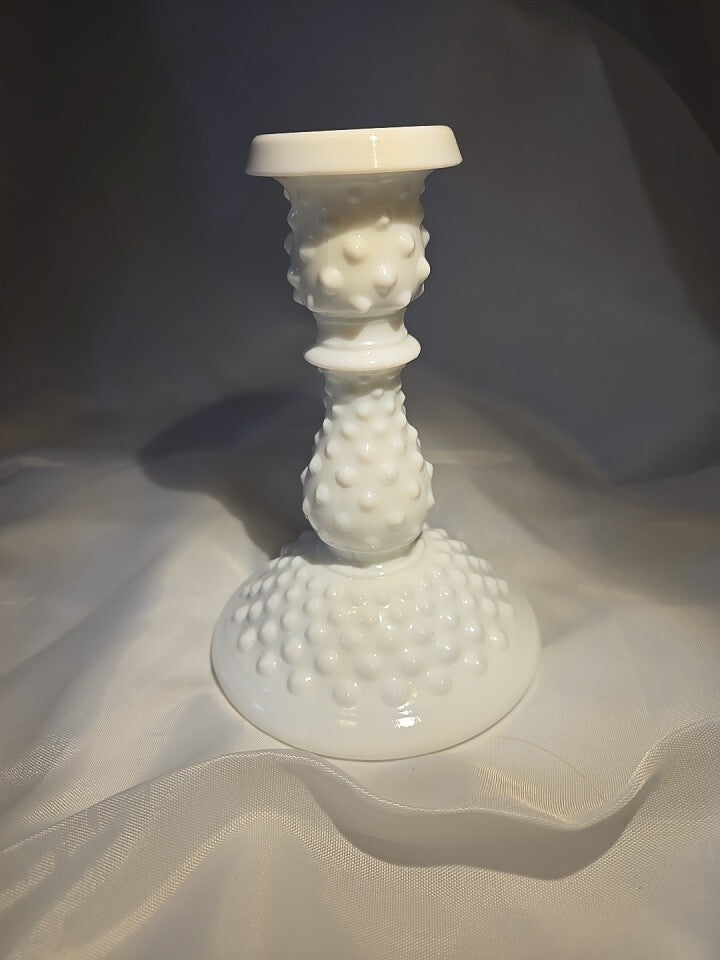 Vintage Fenton Hobnail Candle Holder, White Milk Glass - 6" Tall