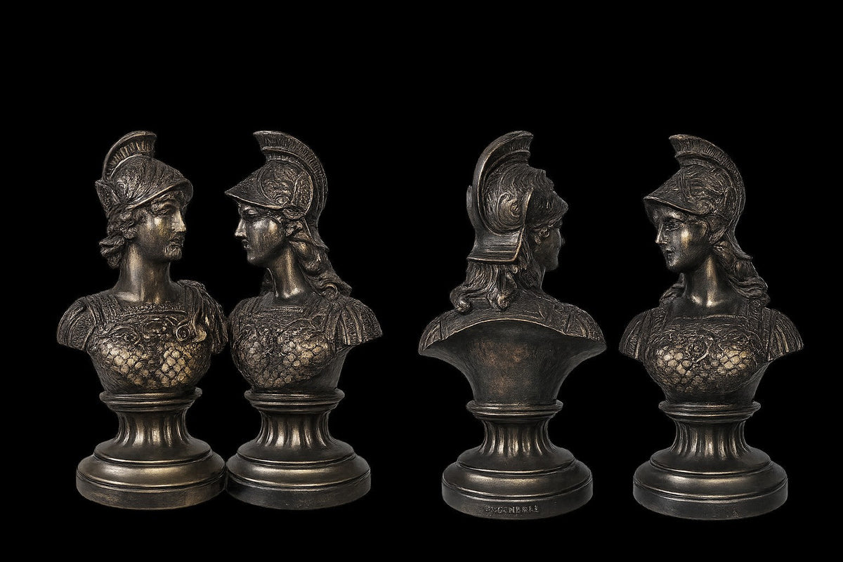 Pair Greek God and Goddess Busts of Ares and Athena (Roman Mars and Minerva) 15"