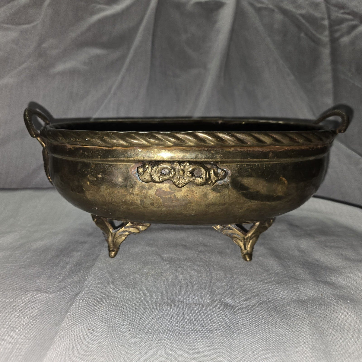 Vintage Brass Metal Detailed  Oval Planter Storage with elephant trunk handle