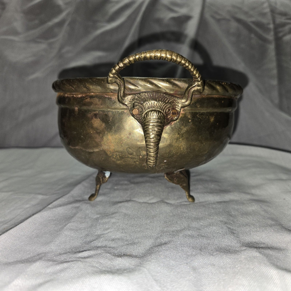 Vintage Brass Metal Detailed  Oval Planter Storage with elephant trunk handle