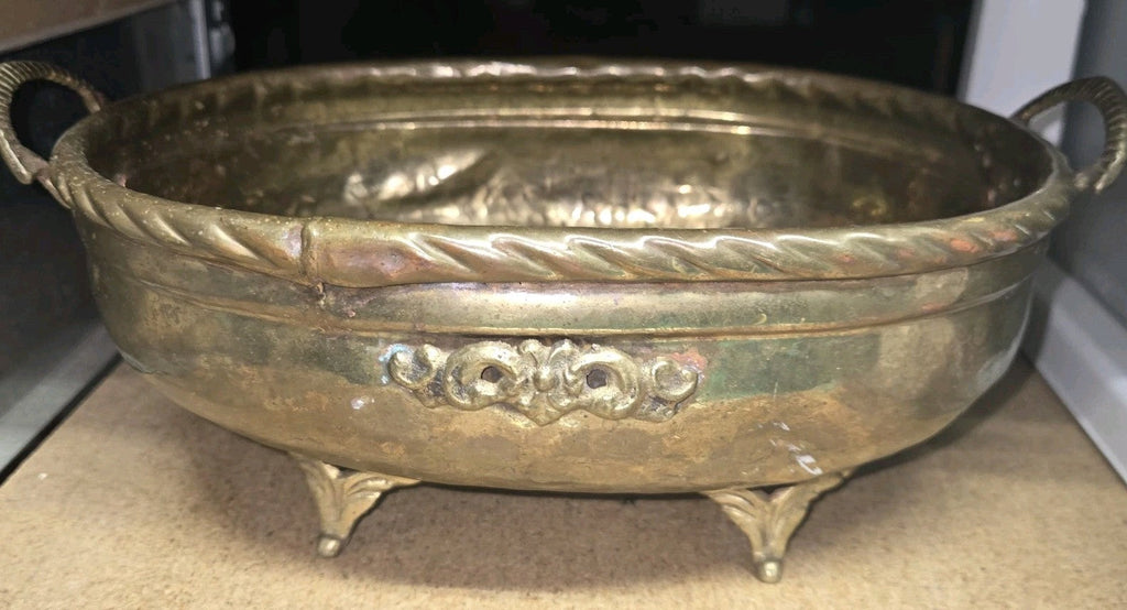 Vintage Brass Metal Detailed  Oval Planter Storage with elephant trunk handle