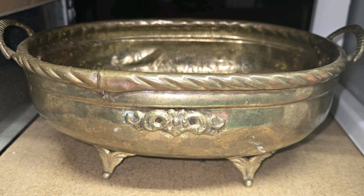 Vintage Brass Metal Detailed  Oval Planter Storage with elephant trunk handle