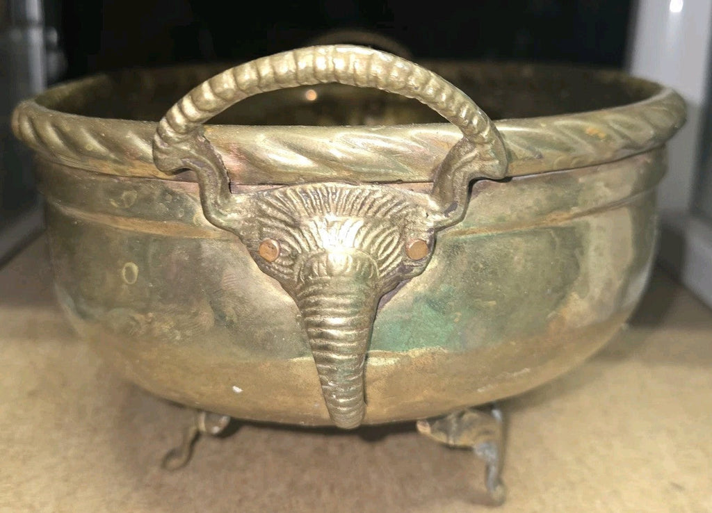 Vintage Brass Metal Detailed  Oval Planter Storage with elephant trunk handle