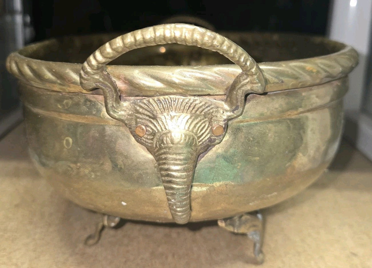 Vintage Brass Metal Detailed  Oval Planter Storage with elephant trunk handle