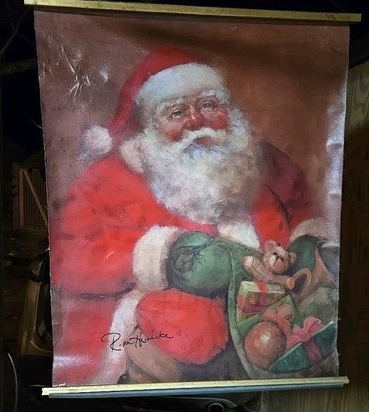 VINTAGE  SANTA  On Canvas Painting  Hanging 42 X  36 Signed By R.M. Heinicke