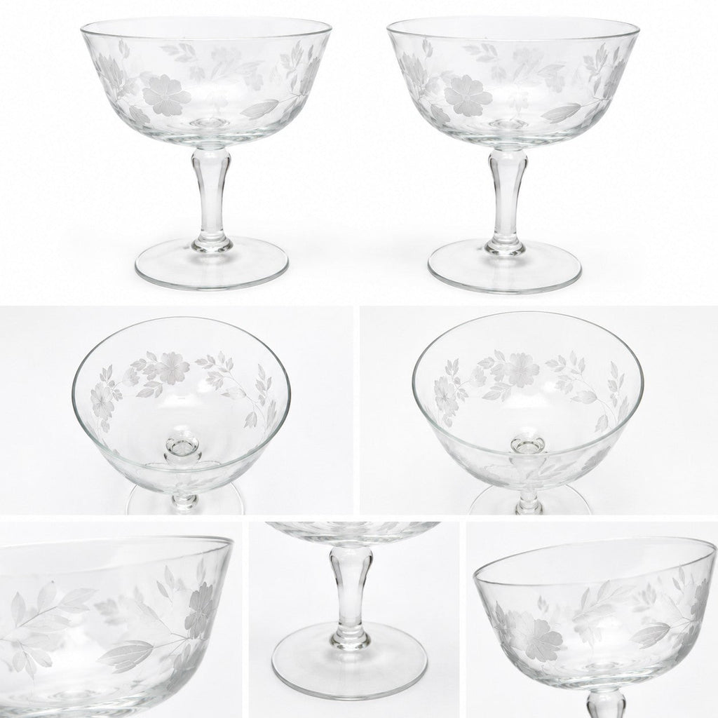 Vintage Etched Floral Champagne Coupe Glasses – Set – Elegant Clear Stemware