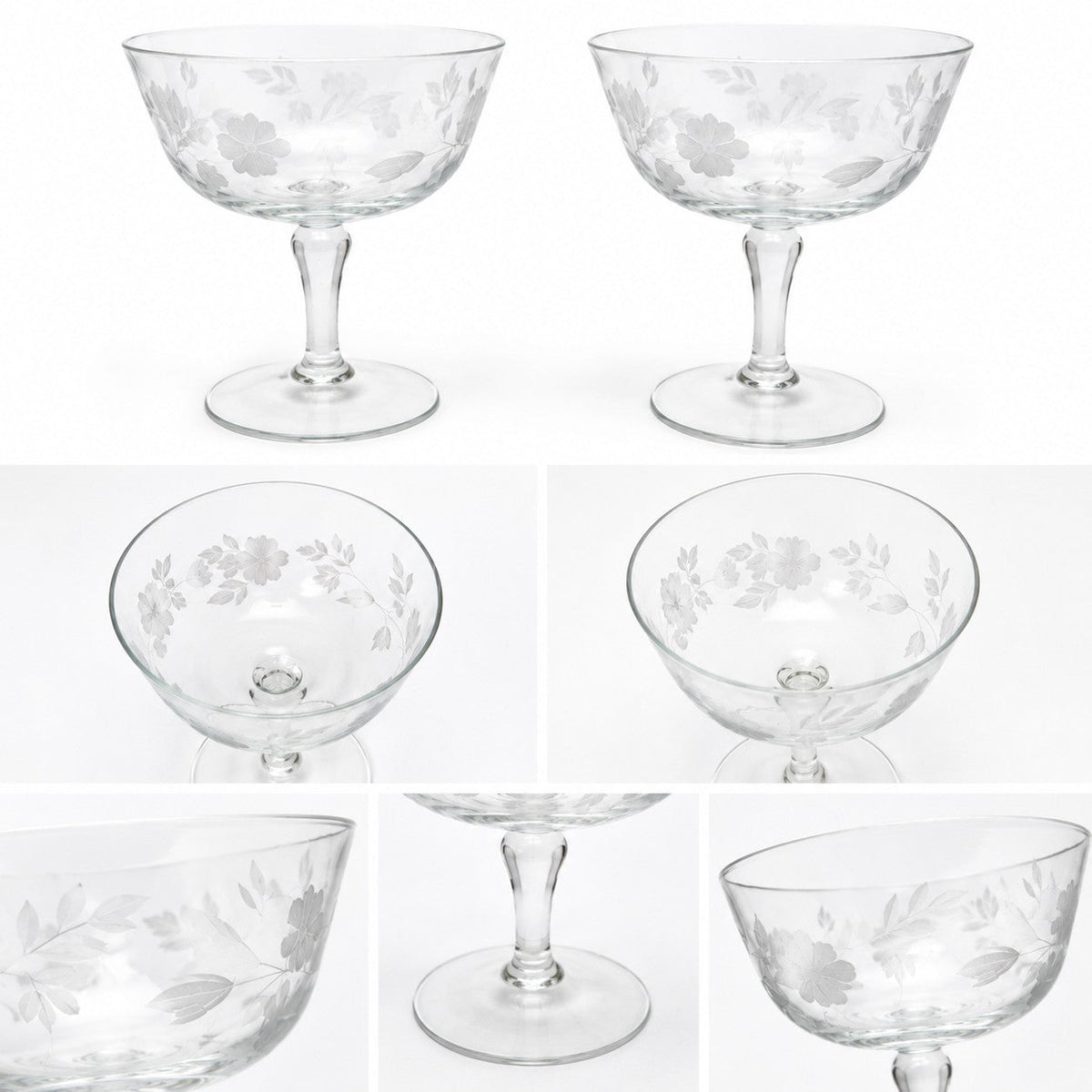 Vintage Etched Floral Champagne Coupe Glasses – Set – Elegant Clear Stemware