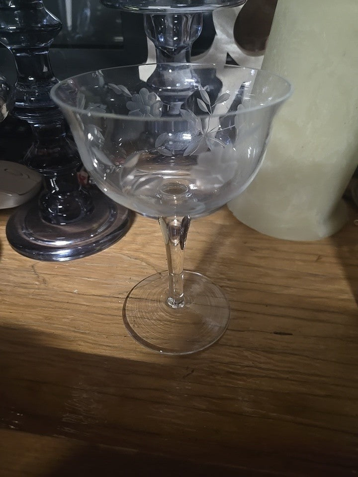 Vintage Etched Floral Champagne Coupe Glasses – Set – Elegant Clear Stemware