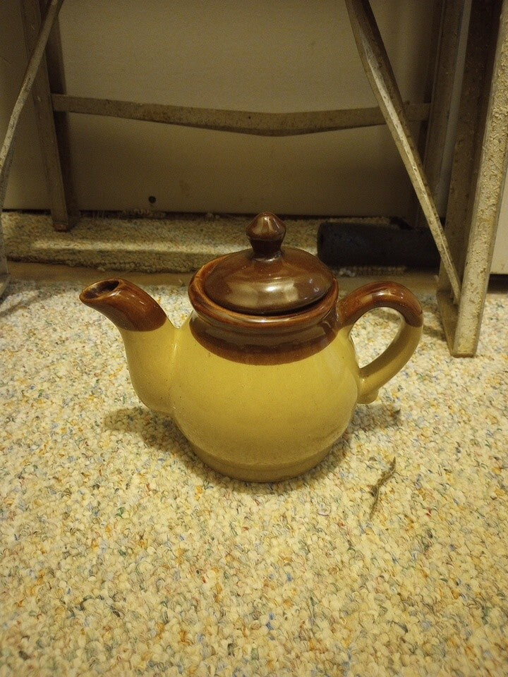 Vintage Tan & Brown Stoneware Glazed Ceramic Teapot Farmhouse Primitive Décor