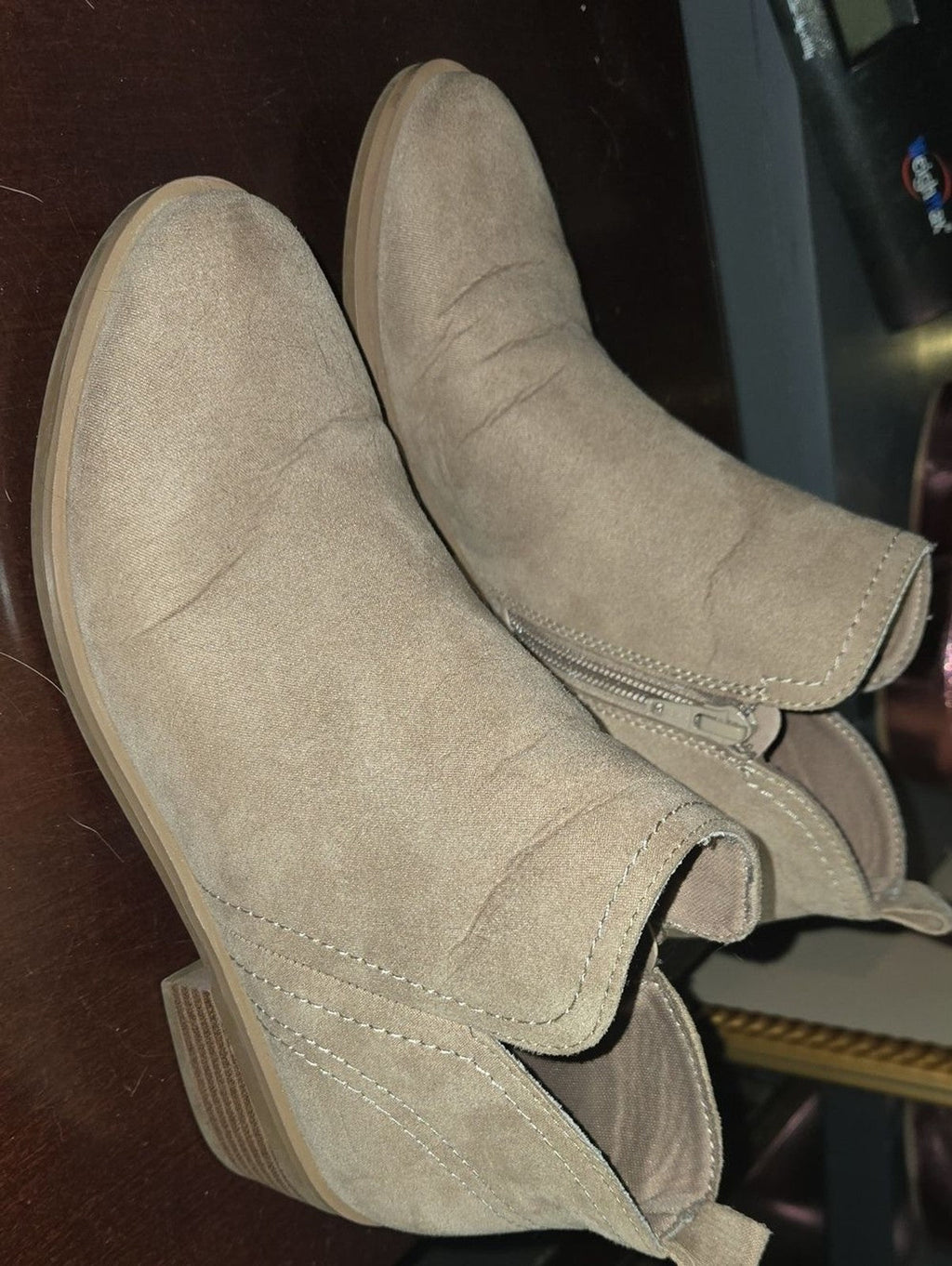 Time and Tru Taupe Suede Ankle Booties with Side Zip