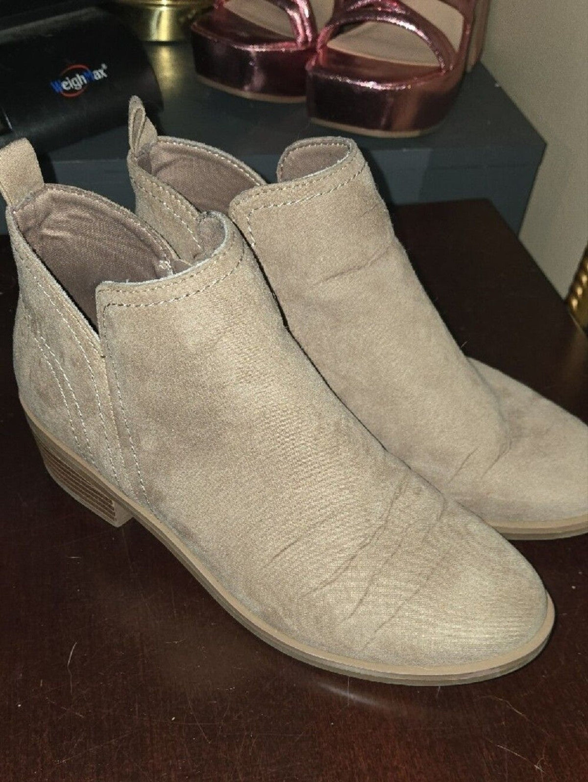 Time and Tru Taupe Suede Ankle Booties with Side Zip