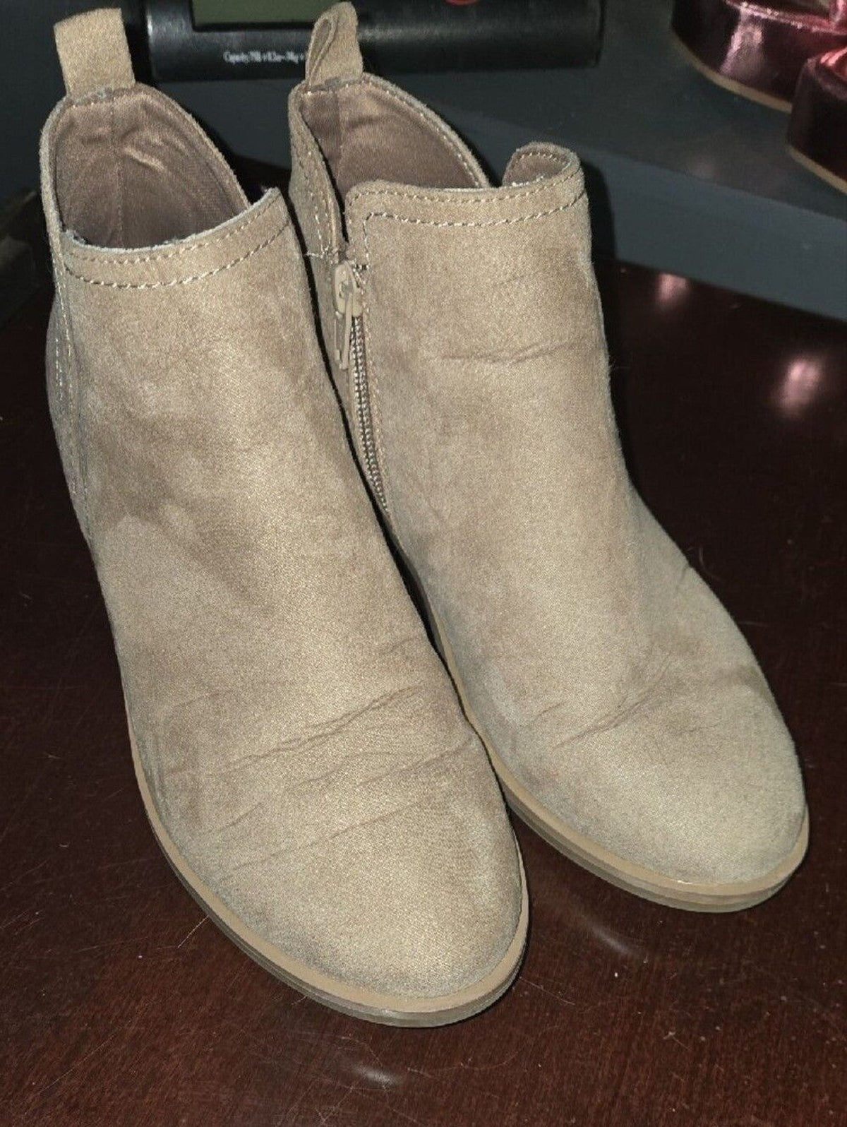 Time and Tru Taupe Suede Ankle Booties with Side Zip