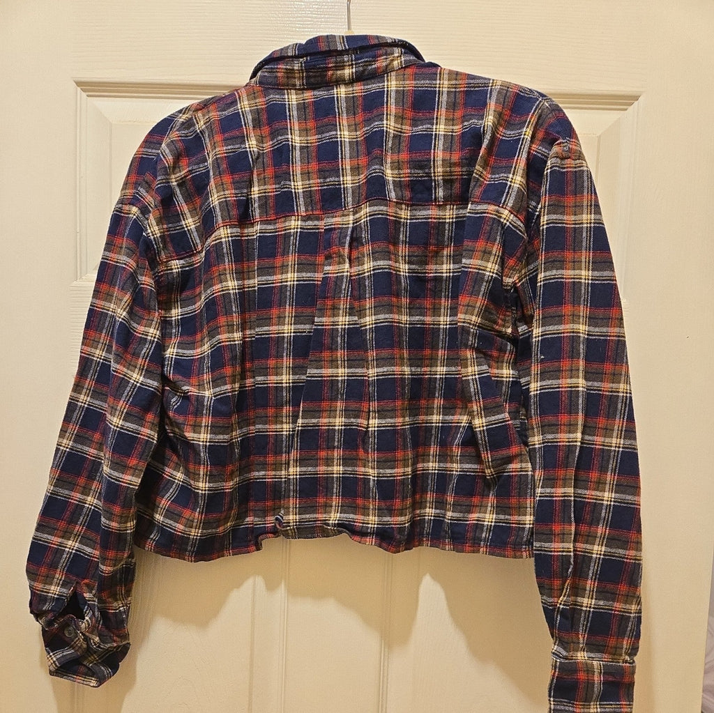 Forever 21 Women's Medium Flannel Cropped Shirt Plaid Striped Button Down Top