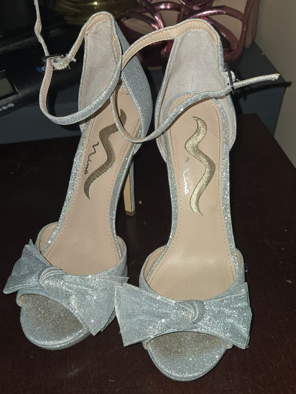Nina Silver Glitter Bow Ankle-Strap Heels with Open Toe