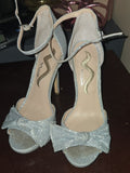 Nina Silver Glitter Bow Ankle-Strap Heels with Open Toe
