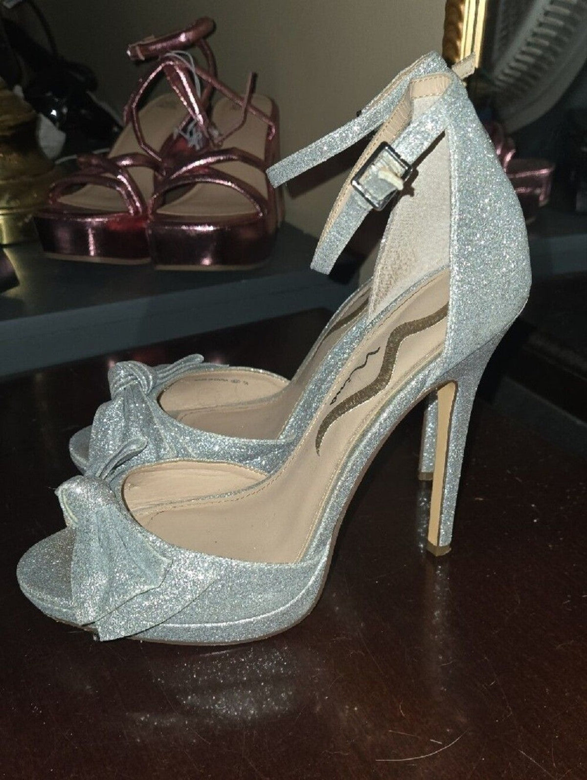 Nina Silver Glitter Bow Ankle-Strap Heels with Open Toe