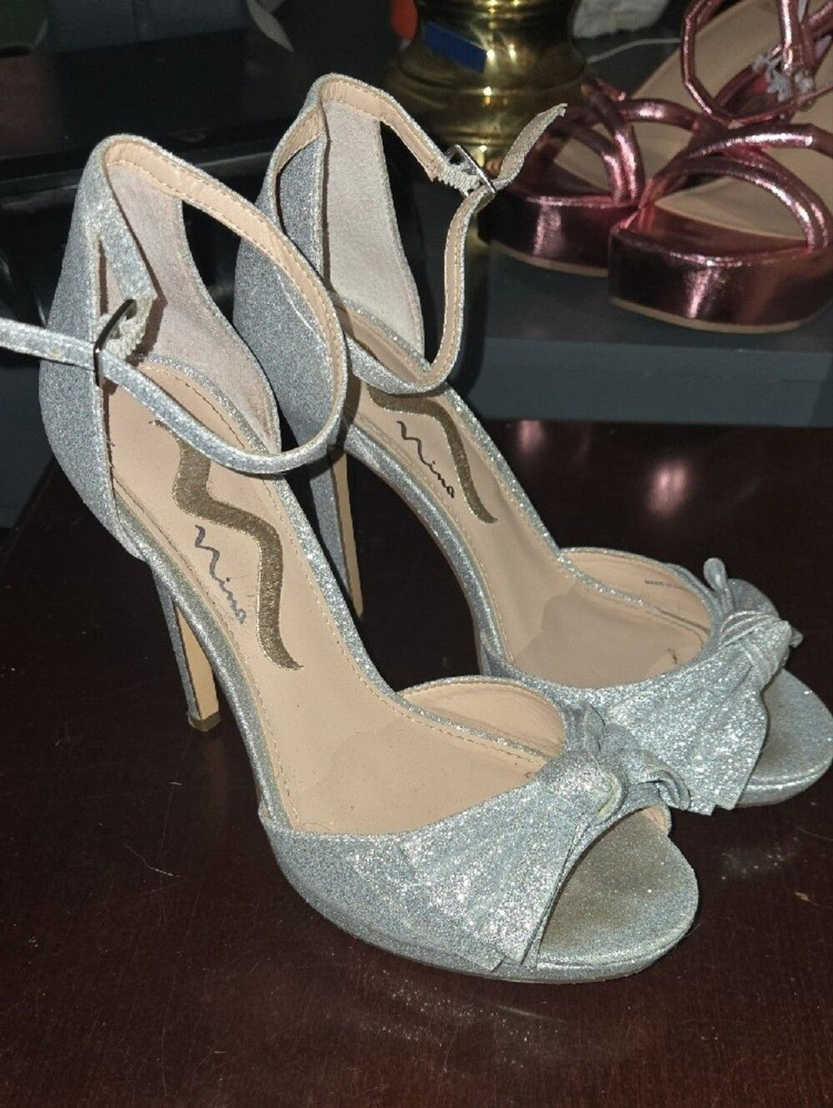 Nina Silver Glitter Bow Ankle-Strap Heels with Open Toe