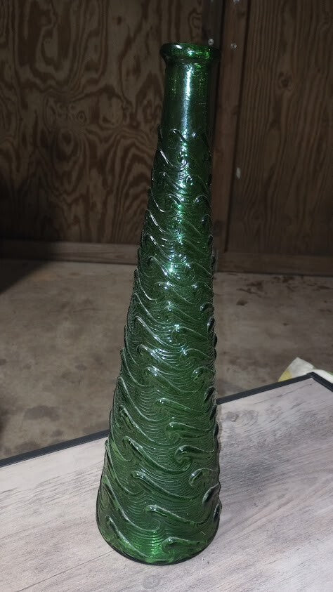VINTAGE Empoli Glass Genie Bottle GREEN Wave Vase Italy 15.5” MCM