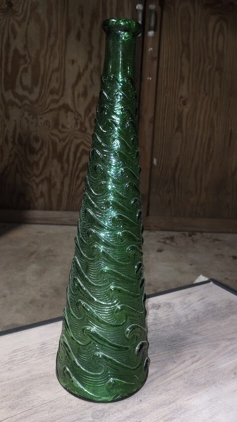 VINTAGE Empoli Glass Genie Bottle GREEN Wave Vase Italy 15.5” MCM