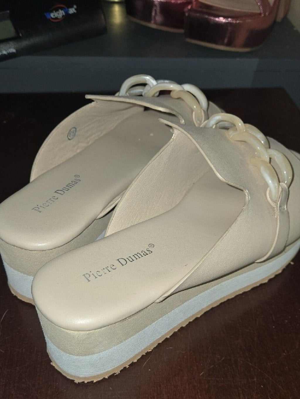 Pierre Dumas Ivory Slide Sandals with Chain Detail