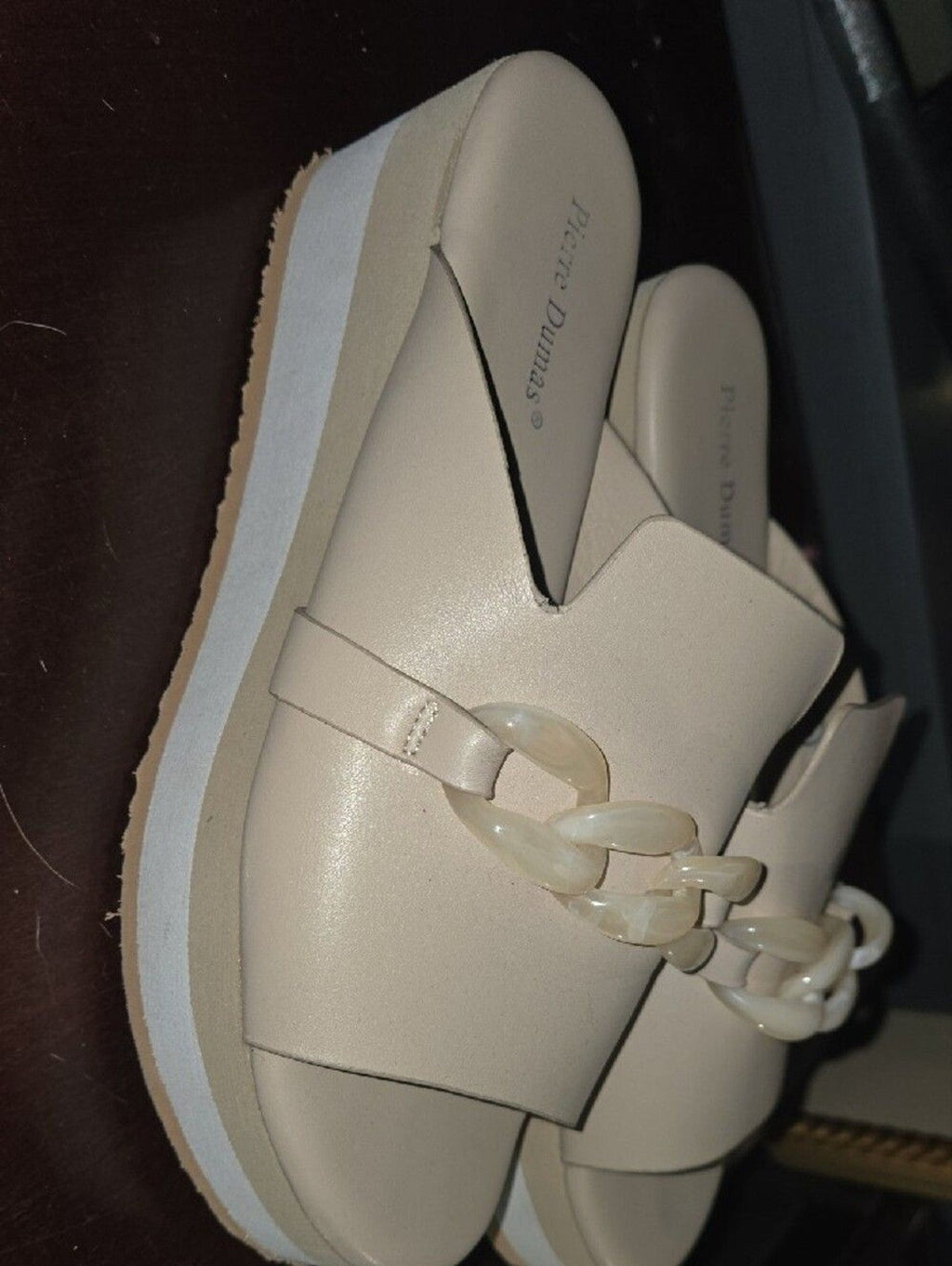 Pierre Dumas Ivory Slide Sandals with Chain Detail