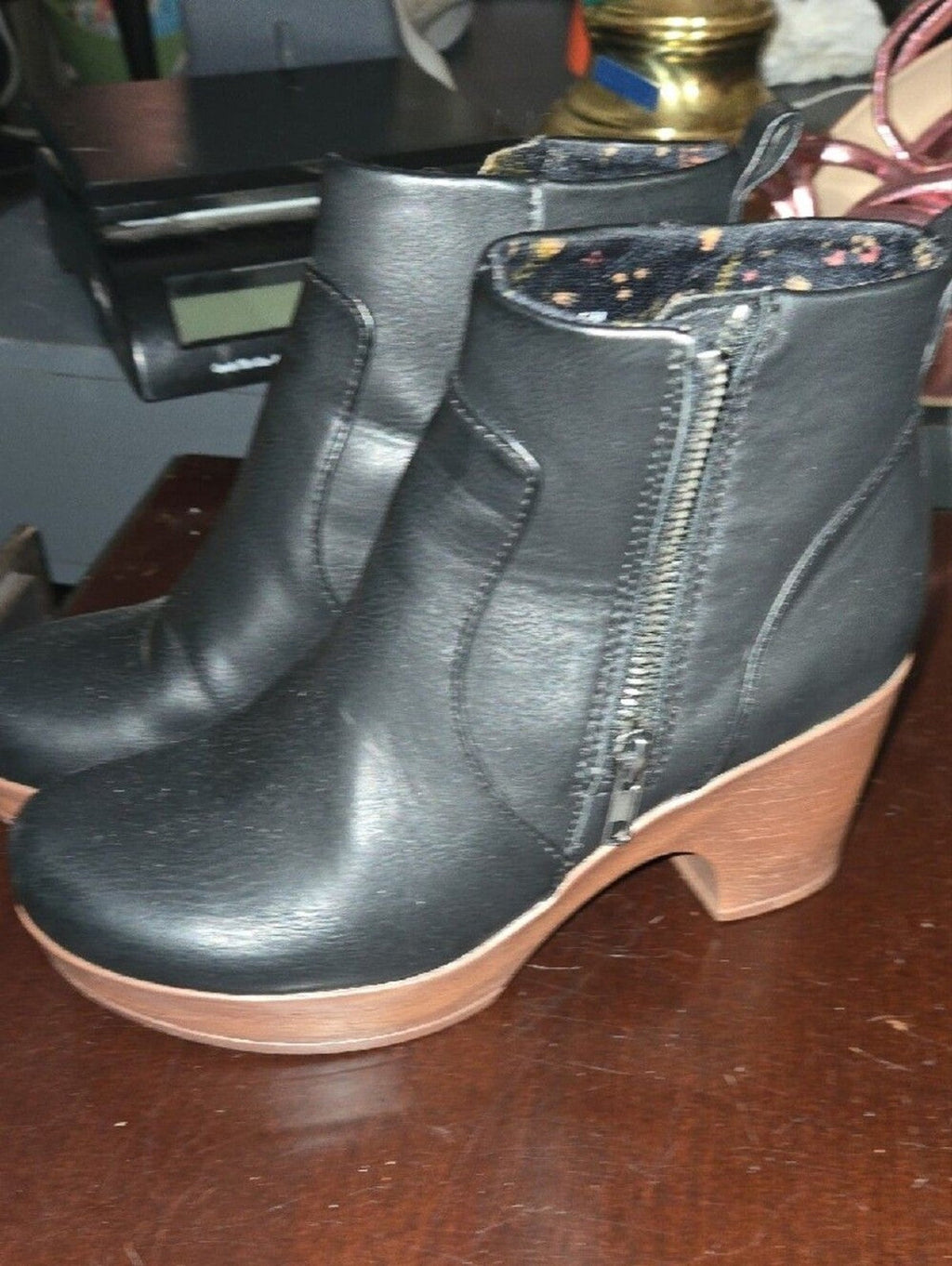 boc Black Ankle Boot with Brown Block Heel