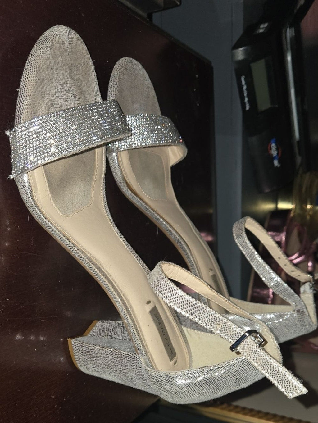 Alex Marie Silver Rhinestone Block Heel Sandals