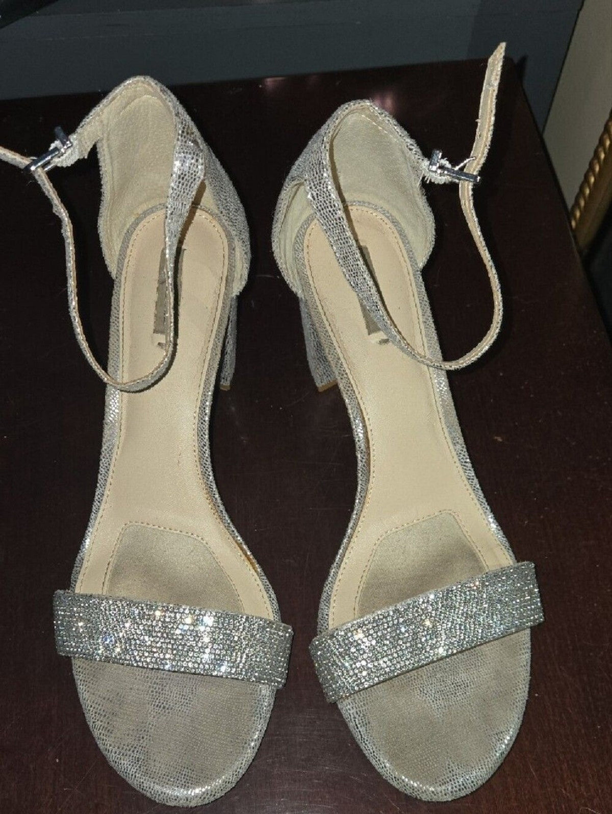 Alex Marie Silver Rhinestone Block Heel Sandals