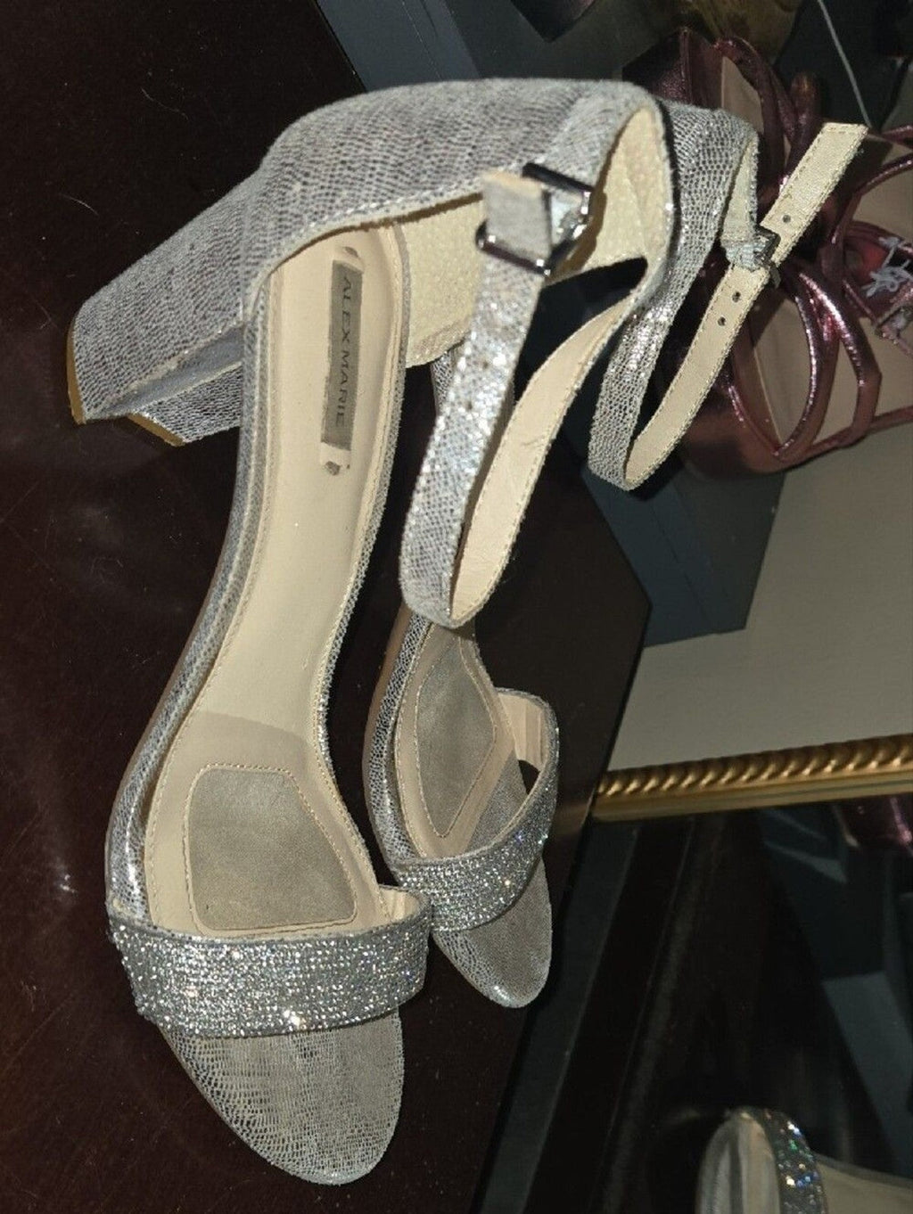 Alex Marie Silver Rhinestone Block Heel Sandals