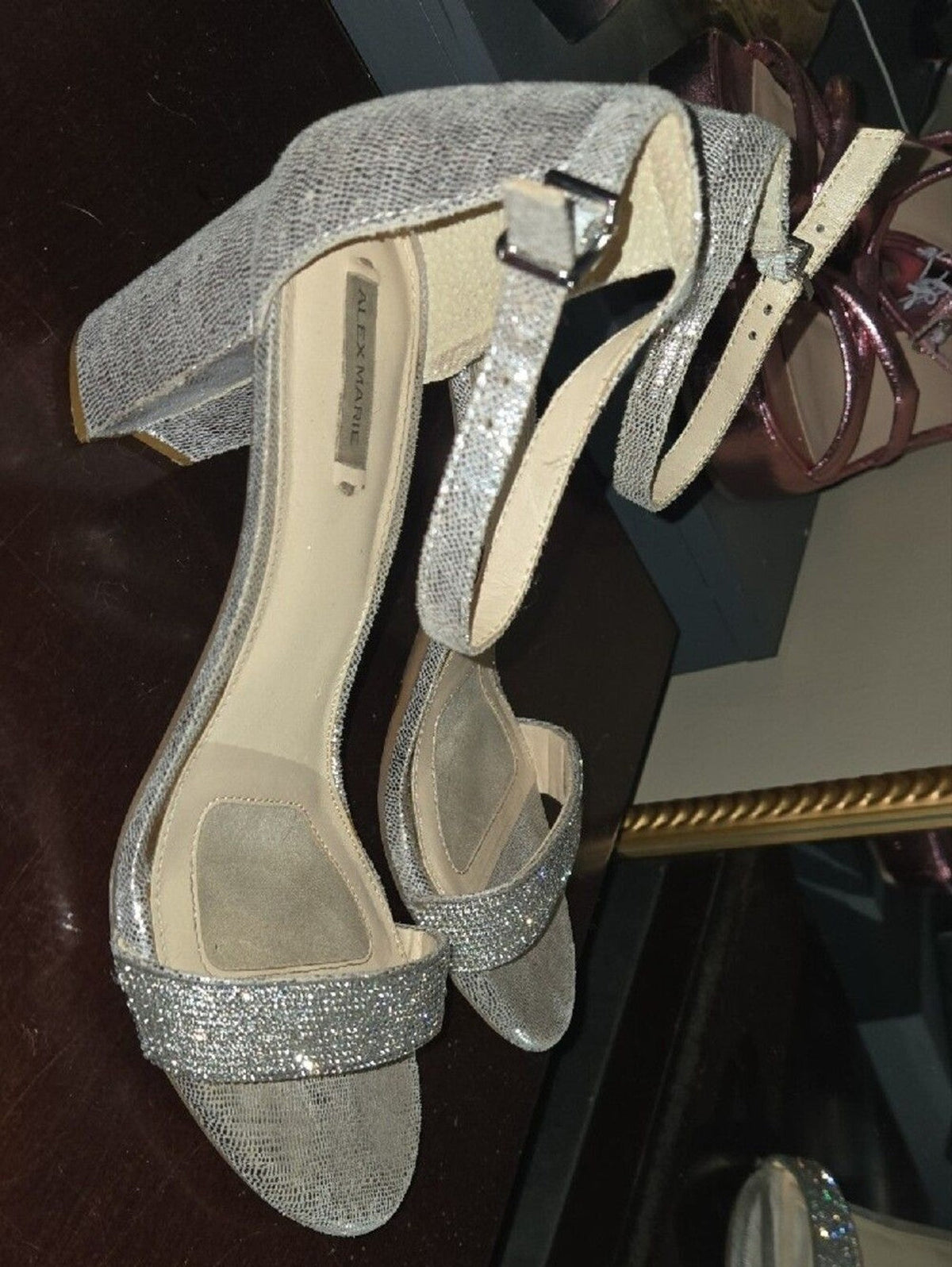 Alex Marie Silver Rhinestone Block Heel Sandals