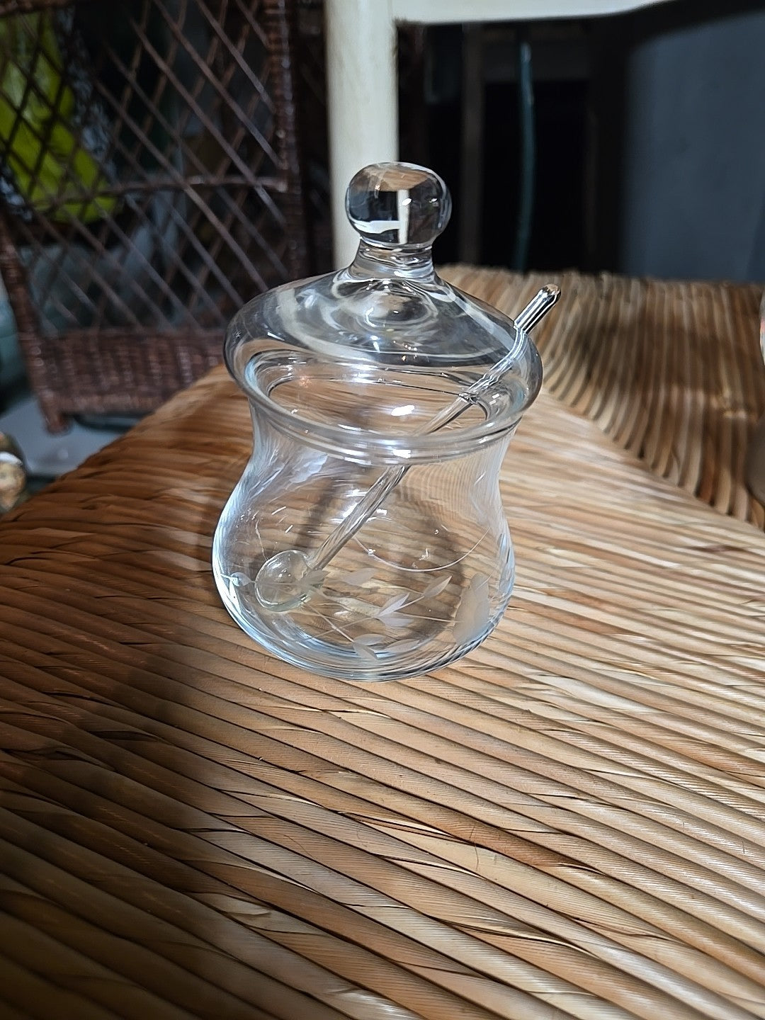 Vintage Princess House Etched Crystal Jelly Jar w/ Lid and Spoon