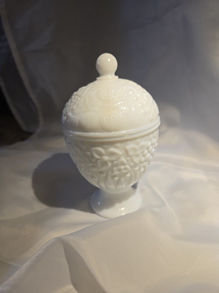 VTG Avon milk glass lidded floral pedestal bowl candy dish white collectible