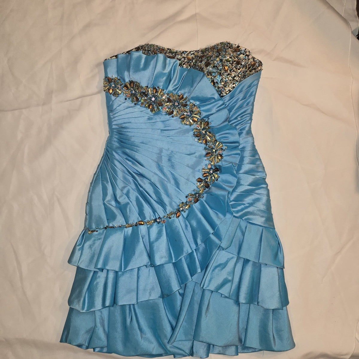 Riva Design Aqua Blue Jeweled Strapless Mini Beaded Formal Dress Size 10