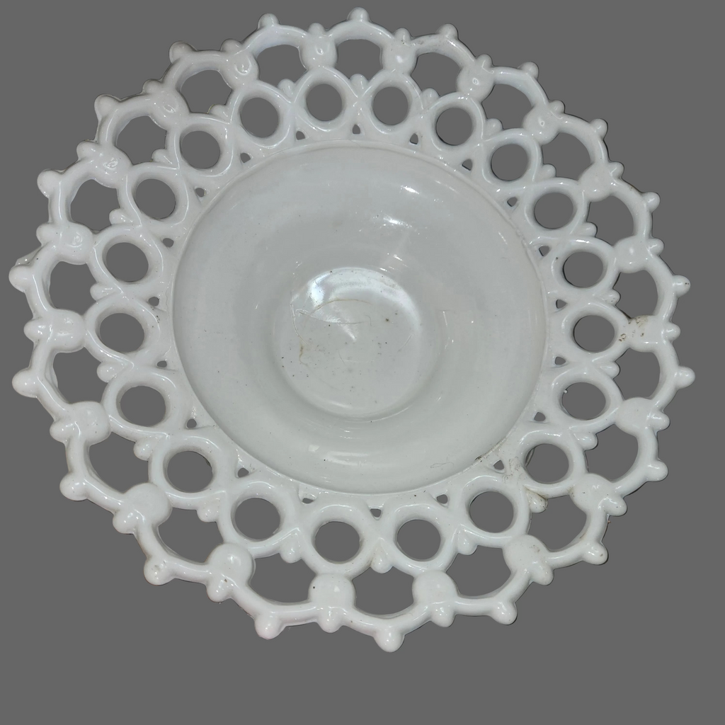 Vintage Milk Glass Open Lacey 10” Bowl 3 1/4” High