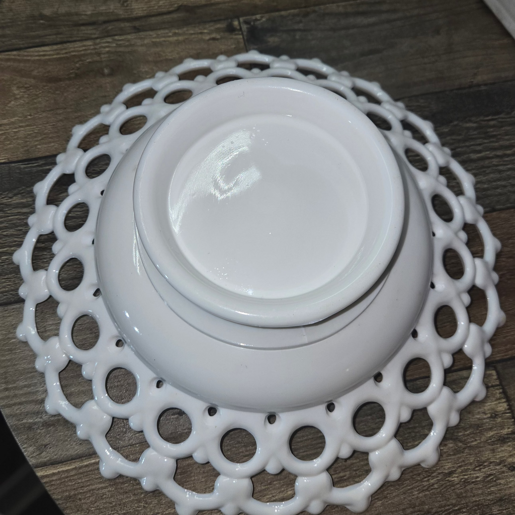 Vintage Milk Glass Open Lacey 10” Bowl 3 1/4” High
